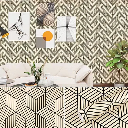 Vista 6 de Papel de contacto decorativo con diseño geométrico dorado y beige, papel de contacto decorativo extraíble para estantes y cajones, película