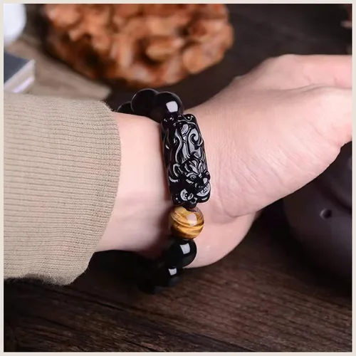 Vista 31 de Pulsera de obsidiana negra, pulsera de obsidiana negra Feng Shui para mujeres y hombres, pulsera elástica de obsidiana con piedra de ojo de tigre