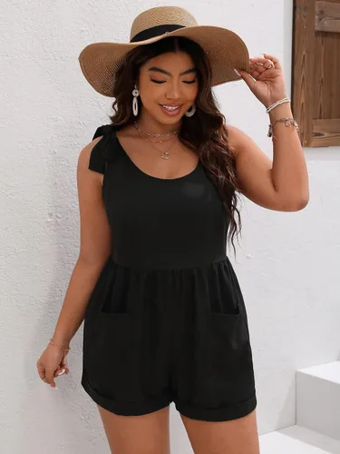 Vista 4 de MakeMeChic Enterizo de verano para mujer, talla grande, con bolsillos, sin mangas, con lazo en el hombro