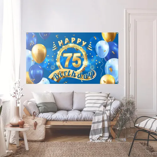 Vista 3 de 5665 Cartel de fondo de feliz cumpleaños 75, decoración azul con texto en inglés "Cheers to 75 años" para fiestas temáticas para hombres y mujeres