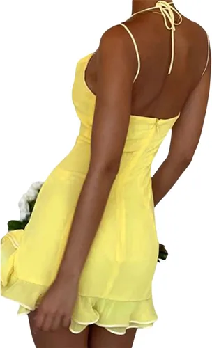 Vista 3 de Vestido corto de verano Y2k para mujer, sin mangas, sexy, halter, tirantes delgados, vestido ajustado de malla de encaje para fiesta, club