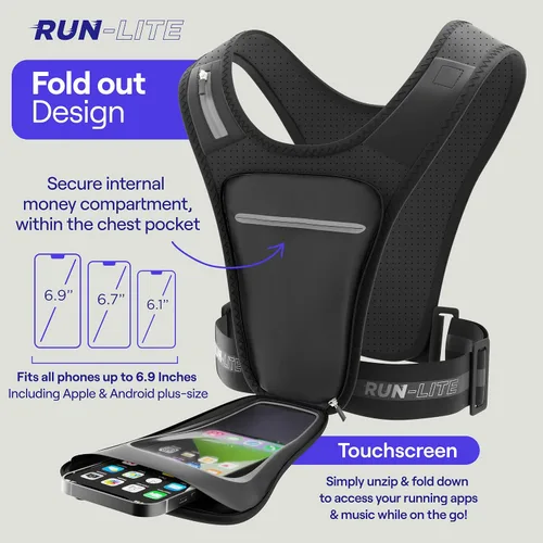 Vista 5 de Chaleco para correr con soporte para teléfono y bolsa impermeable – Cinturón ajustable para pecho de 28 a 44 pulgadas – Equipo reflectante con 2