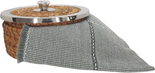 Vista 8 de Auténtica cesta calentadora de tortillas mexicanas - Aguja de pino tejida a mano con tela tejida a mano (borde de metal de 7 pulgadas con tela)