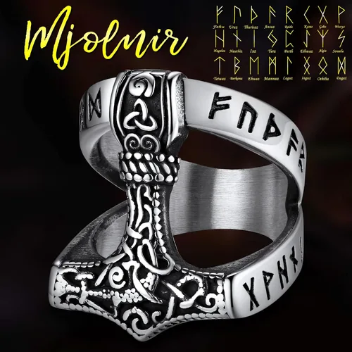 Vista 3 de FaithHeart Norse Viking Jewelry - Anillo de acero inoxidable de guerrero para hombre con diseño vikingo de cabeza de lobomartillo de Thor