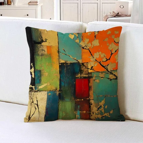 Vista 2 de IBILIU Fundas de almohada de 18 x 18 pulgadas con diseño de arte grunge, color verde, rojo y dorado, pintura de óxido, fundas de cojín de lino