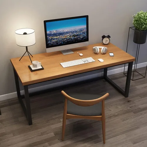Vista 2 de Mesa de madera maciza para oficina en casa, escritorio de computadora, escritorio para juegos, mesa de conferencias con soporte de metal, mesa