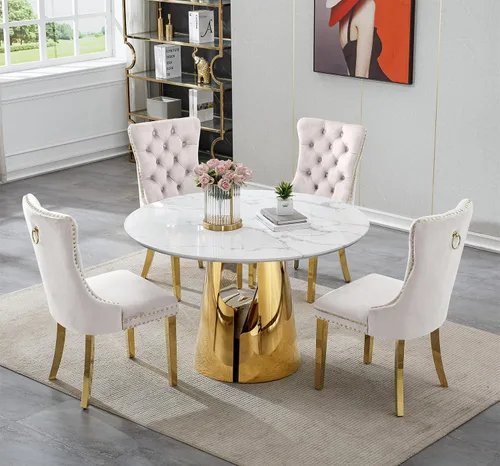 Vista 26 de SSLine Mesa de comedor redonda de mármol sintético blanco para 4-6, mesa de Mesa de oro blanco
