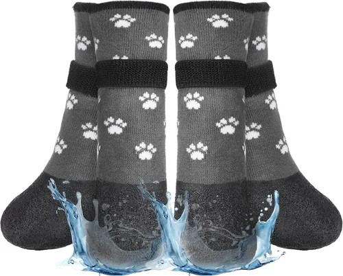 Vista 20 de BEAUTYZOO Calcetines impermeables para perros para evitar que lamen las patas, calcetines navideños para perros para suelos de madera dura