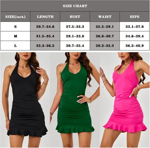 Vista 6 de Vestido corto de verano para mujer, sin espalda, cuello en V, sin mangas, con volantes, fruncido, para fiesta, club, casual
