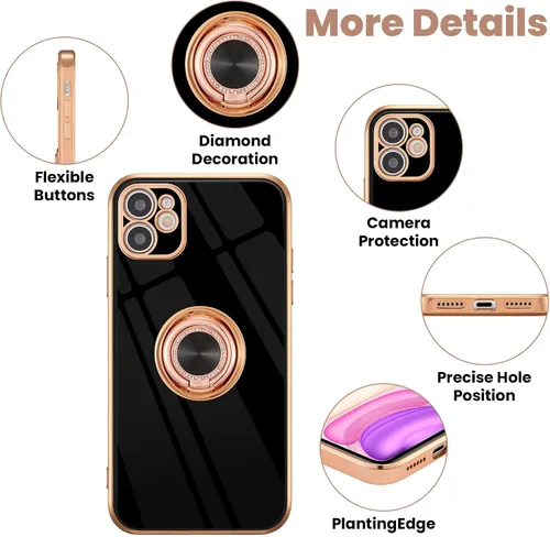 Vista 5 de ZCDAYE Funda para iPhone 12, iPhone 12 con soporte de anillo magnético, borde dorado galvanizado suave TPU a prueba de golpes para iPhone 12 - Negro