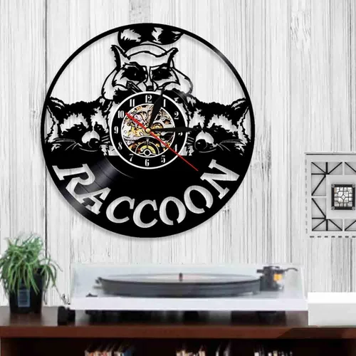 Vista 2 de Reloj de pared de disco de vinilo, arte de mapache, reloj de pared decorativo, diseño moderno, reloj de vinilo animal, decoración de pared, reloj