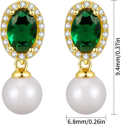 Vista 4 de Zaano Aretes colgantes de perlas para mujer, aretes de piedra natal verde esmeralda, chapados en oro de 14 quilates, regalo de joyería, Circonita