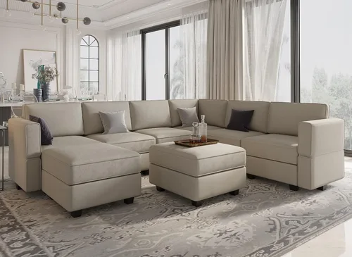 Vista 22 de Belffin Sofá modular en forma de U con tumbonas reversibles, de terciopelo, con asiento de almacenamiento, color negro