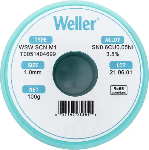 Vista 2 de Weller WSW SCN M1 (T0051404699) Alambre de soldadura, diámetro: 1,0 mm / 0,039 in, peso: 100 g / 3,527 oz, aleación Sn99.3Cu0.6Ni0.05, contenido