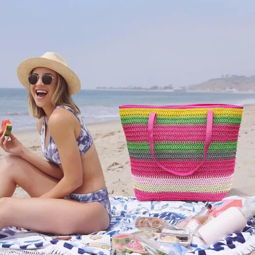 Vista 45 de Bolso grande de paja para mujer, tejido de ratán, bolso de playa de verano, a rayas