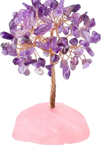 Vista 17 de QINJIEJIE Árbol de cristal de cuarzo rosa, cristales curativos, decoración de escritorio rosa, árbol de piedras preciosas naturales, base de alambre