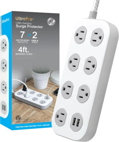 Vista 7 de GE SurGE - Tira de alimentación protectora, cable de extensión trenzado de 6 pies, extensor de 6 salidas (amplio espaciado), 490 julios, enchufe