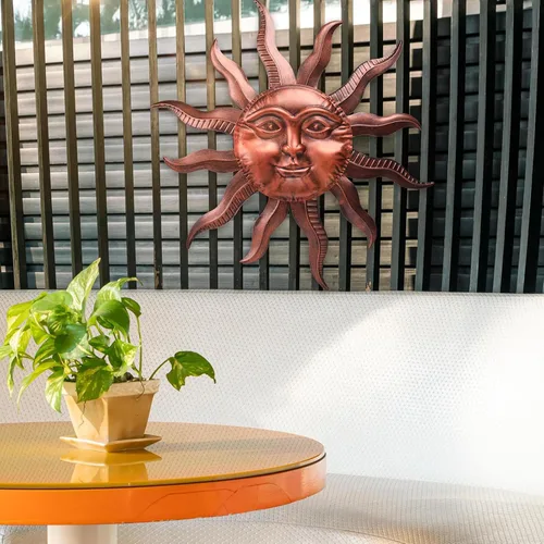 Vista 9 de VCUTEKA Arte de pared de metal con sol de 27 pulgadas, decoración para exteriores, decoración de pared de luna, escultura de pared de metal