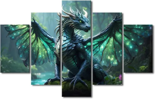 Vista 60 de Lienzo decorativo para pared de sala de estar, lienzo de dragón, 5 paneles, dragón verde, decoración de pared para el hogar, decoración de pared