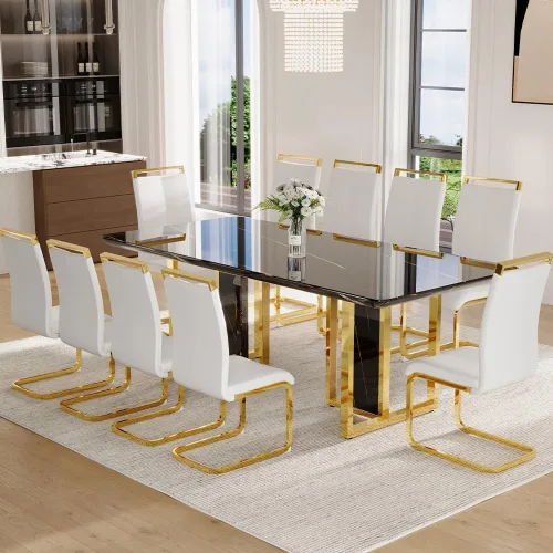 Vista 11 de Juego de mesa de comedor de mármol negro dorado de 79 pulgadas para 8 Sillas negras+oro