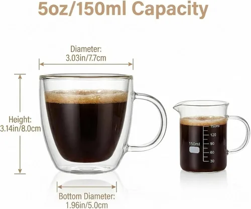 Vista 4 de Tazas de café de vidrio de doble pared de 5 oz / 5.1 fl oz, juego de 2 tazas aisladas con asas, elegantes tazas de café