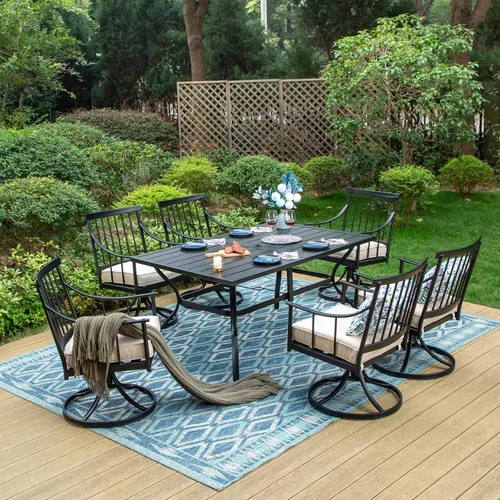 Vista 10 de MFSTUDIO Juego de comedor de 5 piezas de metal para patio, juego de muebles para exteriores con 1 mesa cuadrada de madera y 6 sillas de respaldo