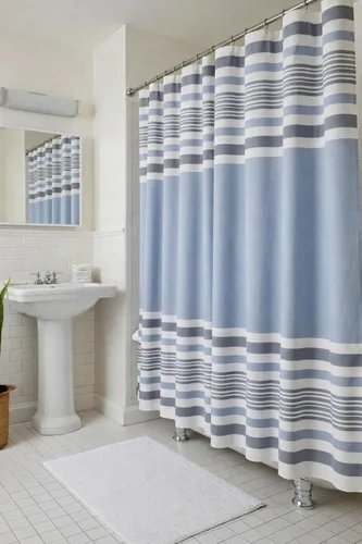 Vista 9 de Serafina Home Cortina de ducha de tela blanca y negra a rayas náuticas: hotel de lujo 100% algodón con tejido decorativo detallado para baño 70 "x
