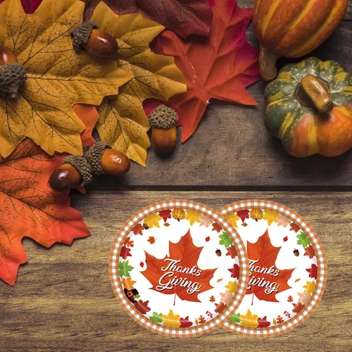 Vista 4 de mdgfge Platos de papel desechables de Acción de Gracias, platos de postre con estampado de hojas de arce de otoño para cosecha de otoño, cumpleaños