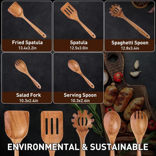 Vista 5 de Cucharas de madera para cocinar, juego de utensilios de cocina de madera de 5 piezas hechos de material de madera maciza natural, incluye cucharas