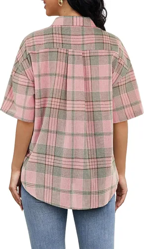 Vista 4 de Camisas de manga corta a cuadros para mujer, camisa con botones, blusa casual de verano