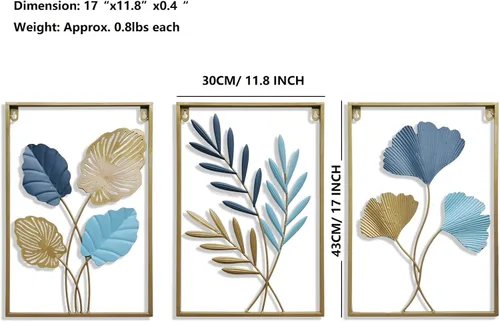 Vista 2 de MKUN Esculturas de pared de hierro – Juego grande de 3 piezas rectangulares de metal para decoración de pared con arte de ginkgo biloba, ideal