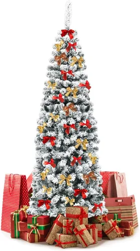 Vista 45 de GOFLAME Árbol de Navidad Artificial Preiluminado de 6 Pies, Árbol de Navidad Delgado con Cobertura de Nieve y Forma de Lápiz con Luces LED