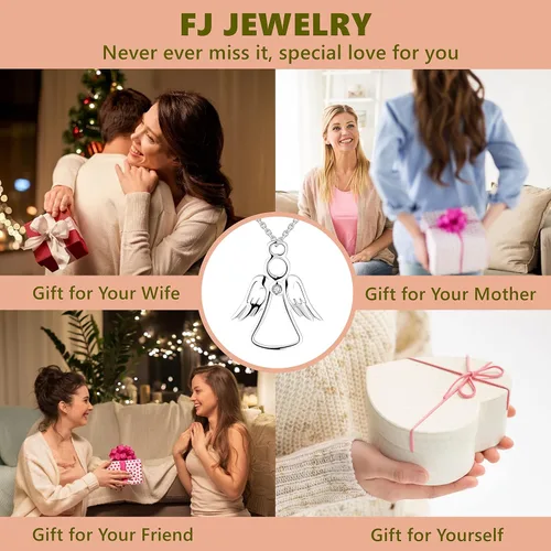 Vista 6 de FJ 925 Silver Angel Necklace for Women, Guardian Angel Drop Earrings Bracelet, 18K Yellow GoldSterling Silver Angel Jewelry Set