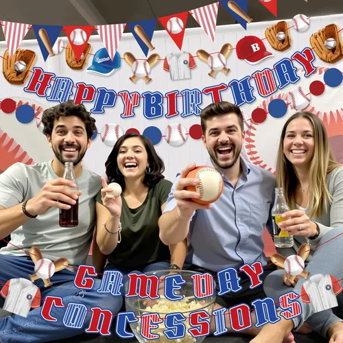 Vista 7 de Decoraciones de fiesta de béisbol preencordadas con concesiones y pancartas para el día del juego, suministros de fiesta de béisbol de feliz