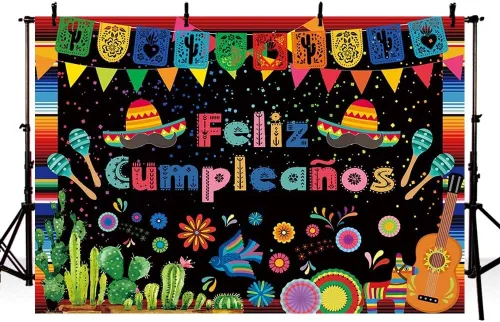 Vista 3 de AIBIIN Telón de fondo de feliz cumpleaños de 7 x 5 pies, decoración de fiesta mexicana, fiesta de feliz cumpleaños, festival del Cinco de Mayo
