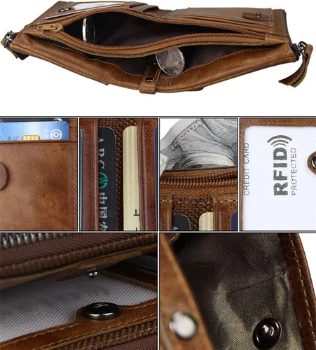 Vista 5 de Monedero plegable para hombre, de piel auténtica, con cremallera, cambio, monedero