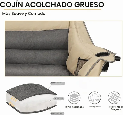 Vista 4 de Silla de campamento plegable doble totalmente acolchada, sofá de campamento de gran tamaño para 2 personas, sofá con soporte para tazas, soporte