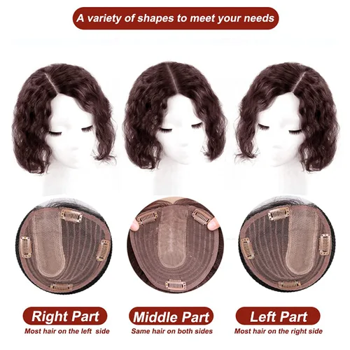 Vista 7 de Tope de cabello humano rizado natural para mujer, extensiones de pelo con clip, 5.1 x 5.5 in, parte superior de cabello sedoso, parte superior