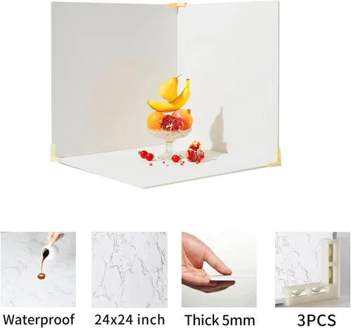 Vista 4 de BEIYANG Telones de fondo de fotografía de alimentos de 24 x 24 pulgadas, tableros de fondo de fotos de mármol blanco con 3 kits de soporte, tablero