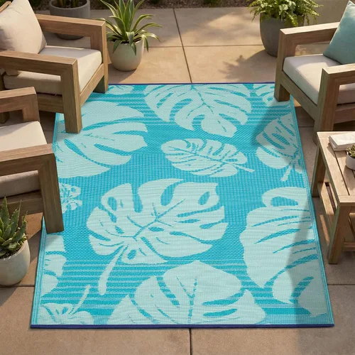 Vista 21 de FH Home - Alfombra para exteriores, impermeable, resistente a la decoloración, reversible, plástico reciclado de alta calidad, acabado geométrico