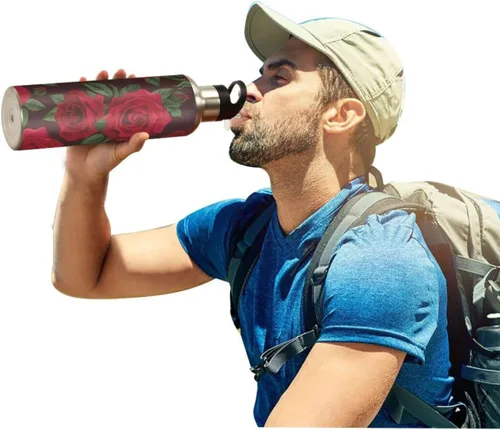 Vista 7 de Botella de agua con mango de pajilla, rosa roja aislada al vacío, termo de acero inoxidable, botella de agua, a prueba de fugas, taza de café