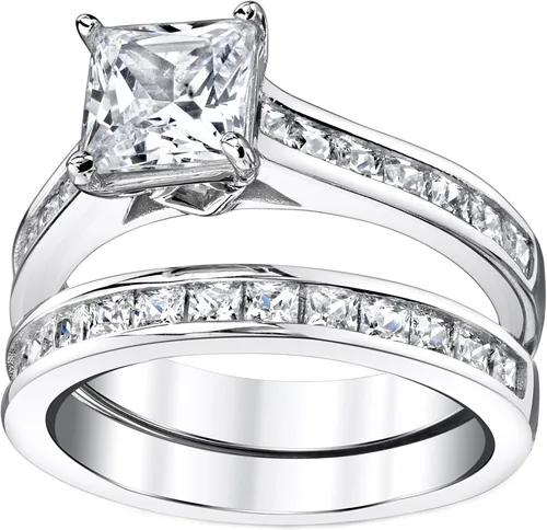 Vista 3 de Juego de anillos de compromiso de boda de plata de ley de 4.3 quilates con circonita cúbica de corte princesa