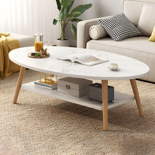 Vista 24 de Mesa de centro individual de madera, mesa de café, mesa de cóctel, mesa de centro de apartamento, sofá, mesa lateral ovalada, patas de madera, mesa