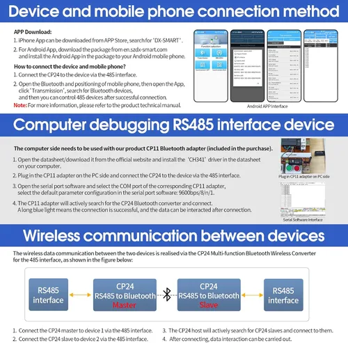 Vista 5 de Adaptador serie DX-CP24 RS485 a Bluetooth Módulo de comunicación Bluetooth inalámbrico industrial a convertidor, cambia el dispositivo con cable a