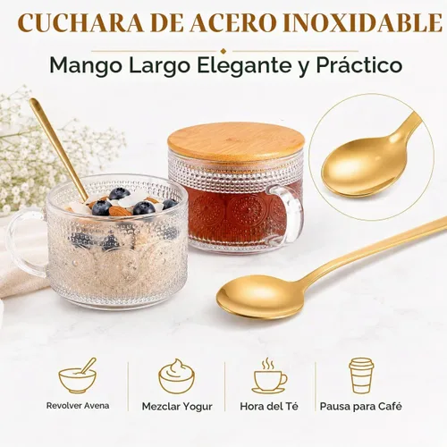 Vista 7 de Semderm Juego de 2 tazas de café de vidrio vintage, recipientes para avena nocturna con tapas de bambú y cucharas - Tazas de té transparentes de 14