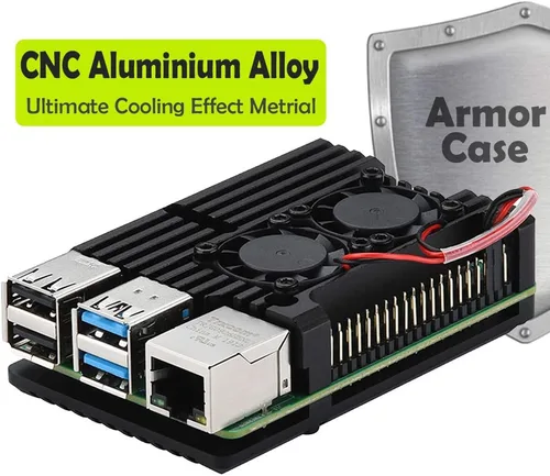 Vista 2 de Armor - Carcasa para Raspberry Pi 4, carcasa metálica con doble ventilador de aleación de aluminio, disipador térmico Pi 4