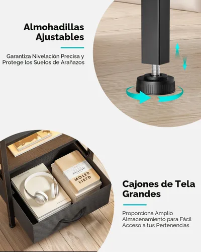 Vista 6 de Lazzanto Mesita de noche para dormitorio, mesita de noche con estación de carga y tira de luz LED, mesita de noche con estante de almacenamiento y 2