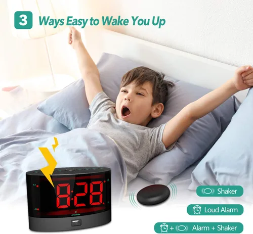Vista 3 de ANJANK Reloj despertador extra fuerte para durmientes pesados, agitador de cama inalámbrico, alarma dual vibratoria, sordos y con discapacidad
