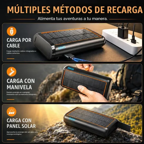 Vista 5 de ReeZar Cargador solar de 61200 mAh, manivela de mano integrada y 4 cables PD 15 W QC3.0 de carga rápida, entrada y salida tipo C, linterna