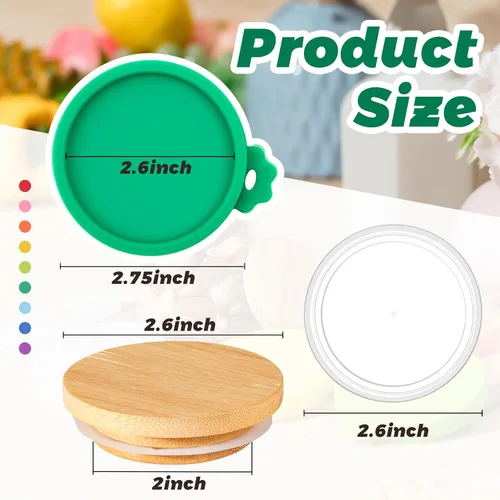 Vista 2 de Mumufy - 27 tapas para tarros de yogur Oui de silicona, madera de bambú, tapas de plástico transparente con anillos de sellado de silicona, fundas